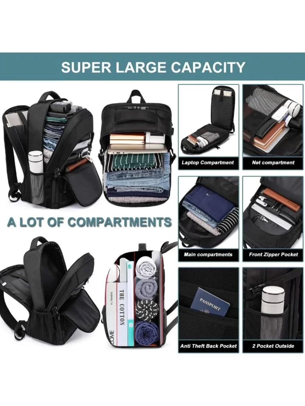Water Resistant Extra Large 50L Travel Laptop Backpack with USB Port